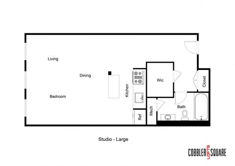 a floor plan of a studio apartment with a bedroom and a living room